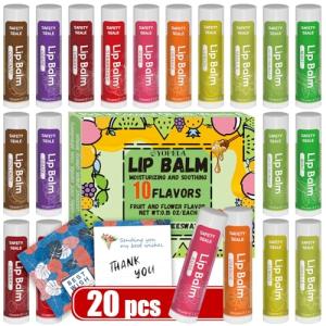 20 Pack Natural Lip Balm Bulk with Vitamin E and Coconut Oil Valentine's Day best choice - Moisturizing, Soothing, and Repairing Dry and Chapped Lips - 10 Flavors - Non-GMO
