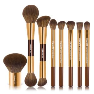 MAANGE 8 PCS Makeup Brush Set Double-end Makeup Brushes Foundationfor Blending Liquid Powder Concealer Contour Eyeshadow Blush Double Sided Brushes Set (Coffee Gold)