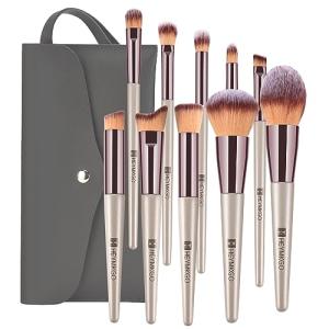 Makeup Brushes Set, HEYMKGO Portable Makeup Brush Set Professional Champagne Gold Premium Synthetic Foundation Brush Powder Concealers Eye Shadows Blush with Cosmetic Bag 10PCS Common Types