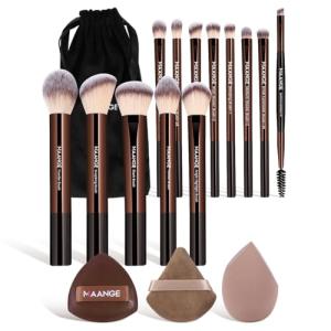 MAANGE 16PCS Makeup Brush Set Travel Makeup Brushes for Liquid Powder Contour Concealer Cream Cosmetics Blending Eyeshadow Eyeliner (Coffee)