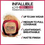 L’Oréal Paris Makeup Infallible Fresh Wear Foundation in a Powder, Up to 24H Wear, Waterproof, Beige Sand, 0.31 oz.