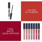 QiBest 7Pcs Matte Liquid Lipstick + 1Pcs Lip Plumper Makeup Set Kit, Pigmented Long Lasting Lip Gloss Set, Velvet Waterproof Halloween Lip Makeup Valentine's Gift Sets for Girls and Women