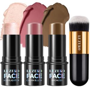 Lezero 3Pcs Contour Stick Makeup Kit, Shades with Highlighter, Blush and Bronzer Stick for Sculpt the Face and All Skin Type, Long Lasting, Smooth, Dewy & Matte Finish, LIGHT MEDIUM