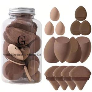 GOERTI Beauty Blender Sponge Set 14PCS – Multi-Size Makeup Sponges for Foundation, Liquid, Powder - Triangle Puffs, Mini Beauty Blender, Thumb Powder Puff, Reusable & Wet or Dry Use (Brown)