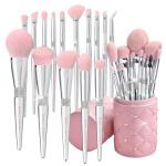 Bueart Design Elegant pink Ultra soft labeled Makeup Brushes Sets with Brush Holder makeup brush set with Foundation Powder blush blending contour Brush (15Pcs Silver Pink+Holder)
