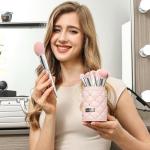 Bueart Design Elegant pink Ultra soft labeled Makeup Brushes Sets with Brush Holder makeup brush set with Foundation Powder blush blending contour Brush (15Pcs Silver Pink+Holder)