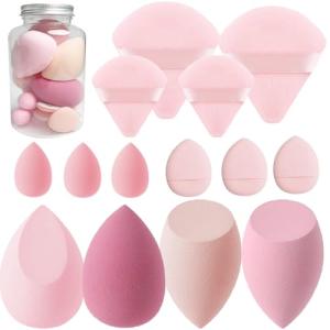 Makeup Sponge Set Blender Sponges 14 Pcs for Liquid Cream, and Powder Latex Free Multi-colored Sponges for Makeup Application with Storage Box Pink Gifts