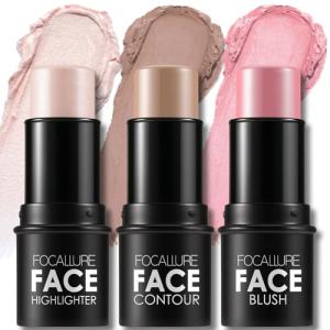 FOCALLURE 3 Pcs Cream Contour Sticks,Shades with Highlighter & Bronzer & Blush,Non-greasy Long-wear Face Contouring Pen,Easy to Sculpt the Face and Create a Lightweight Finishing Makeup,FAIR
