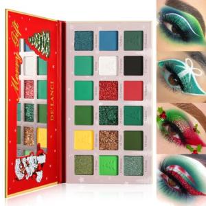 Green Red Eyeshadow Palette, Pigmented Matte Shimmer Christmas Makeup Pallet for Grinch, Shrek Makeup, 18 Colors Long Lasting Xmas Green Gold Glitter Eye Shadow Palette for Holiday, Parties, Cosplay