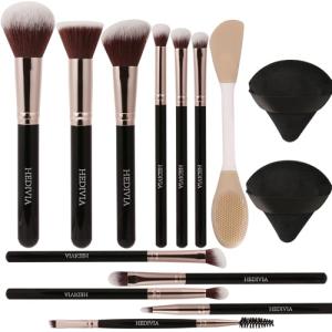 HEDIVIA Makeup Brush Set 14 Pcs Professional, Premium Synthetic Foundation Concealer Powder Blush Eyeshadow Brushes with 2 Powder Puffs & Dual-ended Mask Applicator, gifts for Women Teen Girls(black).