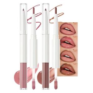 BINGBRUSH 2PCS Lip Gloss Set, Creamy 2-in-1 Lip Liner & Gloss Combo, Hydrating Lip Plumper Lifter, Easy-to-Apply Lip Tint for Daily, Work & Party, Women's Makeup