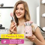 Bueart Design Elegant pink Ultra soft labeled Makeup Brushes Sets with Brush Holder makeup brush set with Foundation Powder blush blending contour Brush (15Pcs Silver Pink+Holder)