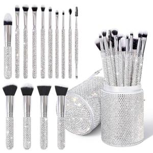 Yivaiks 14 Pcs Silver Bling Makeup Brushes Set Ultra Soft Professional Face Crystal Cosmetics Powder Concealer Eye Shadows Make Up Beauty Tool with Holder