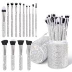 Yivaiks 14 Pcs Silver Bling Makeup Brushes Set Ultra Soft Professional Face Crystal Cosmetics Powder Concealer Eye Shadows Make Up Beauty Tool with Holder