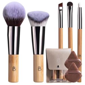 BS-MALL Travel Makeup Brushes Premium Synthetic Foundation Powder Concealers Eye Shadows 7 PCS with Triangle Puff & Storage Bag (Bamboo)