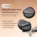 ALBEAUT Rubycell Cushion Puff, 6-Pack Teardrop Round Foundation Applicators for Cushion Makeup, Liquid & Cream Formulas, Lace-Detail PU Back with Elastic Strap, Precision Edge for Detail Tapping