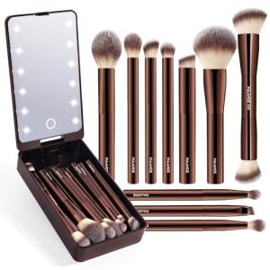 MAANGE Makeup Brush Set 10 Pcs Travel Makeup Brushes Double-ended Kabuki Brush for Foundation Powder Concealers Eye Shadows Makeup Tools Set with LED Light Mirror (Coffee Brown)