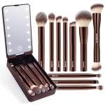 MAANGE Makeup Brush Set 10 Pcs Travel Makeup Brushes Double-ended Kabuki Brush for Foundation Powder Concealers Eye Shadows Makeup Tools Set with LED Light Mirror (Coffee Brown)