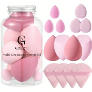 GOERTI Makeup Sponge Set, 14PCS Multi-color Blender Sponges for Liquid, Cream and Powder, Triangle Puffs, Mini Beauty Blender, Thumb Powder Puff (Pink)