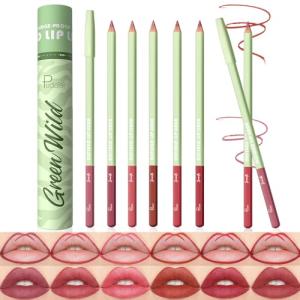 Pudaier 6-Color Lip Liner Pencil - Matte Velvet Lip Liner Set With Storage Bucket, Defining & Filling Lips, Waterproof & Long-Lasting Nude Lip Liner Pencils | Set 02