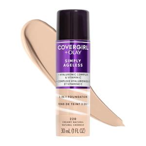 CoverGirl & Olay Simply Ageless 3-in-1 Liquid Foundation, Matte Finish, Hyaluronic & Vitamin C Formula, Creamy Natural, 1 Count