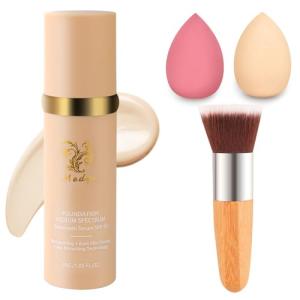 Foundation Medium 4-in-1 Color-Shifting Spectrum Foundation Concealer, Long-Lasting, Skincare, Suitable for Various Skin Types, Set Includes Foundation Brush and Sponge