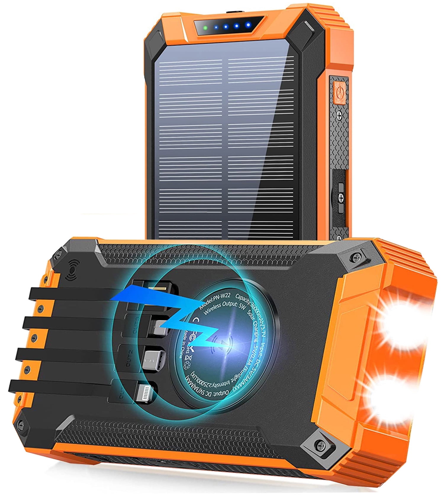 36000mAh Solar Power Bank with Wireless Charger & Flashlights