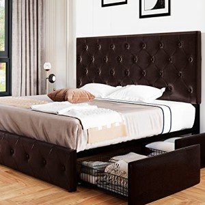 Allewie King Bed Frame with Storage Drawers, Black-Brown