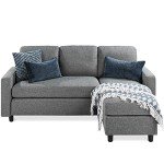 Gray Linen L-Shape Sectional Sofa with Ottoman