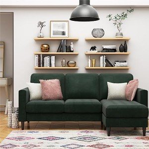 Green Velvet Reversible Sectional Sofa with Ottoman