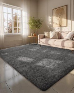 Large Grey Fluffy Shag Area Rug for Living Room