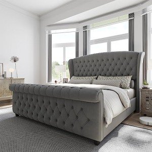 Velvet King Size Platform Bed Frame with Headboard