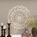 Deco 79 Wood Floral Handmade Home Wall Decor Intricately Carved Mandala Wall Sculpture, Wall Art 35" x 2" x 35", White
