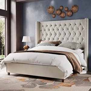 Cream Velvet Queen Bed Frame with Tall Headboard