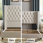 Cream Velvet Queen Bed Frame with Tall Headboard