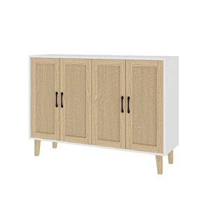 Rattan-Decorated White Buffet Storage Cabinet