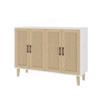 Rattan-Decorated White Buffet Storage Cabinet