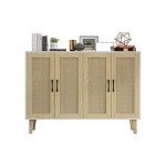 Rattan-Decorated White Buffet Storage Cabinet