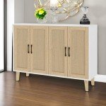 Rattan-Decorated White Buffet Storage Cabinet