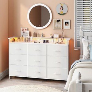 Stylish White LED Dresser with 9 Drawers