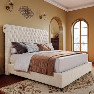 King Upholstered Platform Bed Frame with Sleigh Headboard