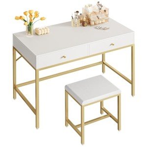 White and Gold Modern Desk with Stool and Drawers