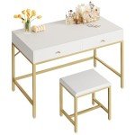 White and Gold Modern Desk with Stool and Drawers