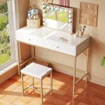 White and Gold Modern Desk with Stool and Drawers