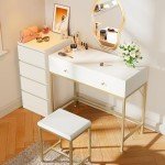 White and Gold Modern Desk with Stool and Drawers