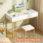 White and Gold Modern Desk with Stool and Drawers