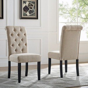 Set of 2 Tan Tufted Solid Wood Dining Chairs