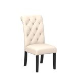 Set of 2 Tan Tufted Solid Wood Dining Chairs