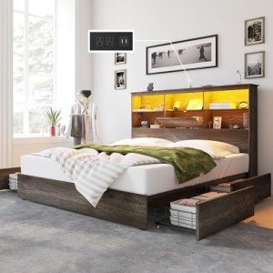 King Size Wooden Bed Frame with Storage Headboard