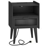 Black Nightstand with Charging Station and Storage